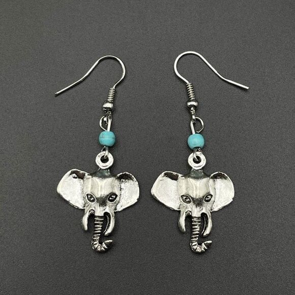 Silver Lucky Elephant and Blue Turquoise Beaded Boho Dangling Drop Hook Earrings - Picture 2 of 8